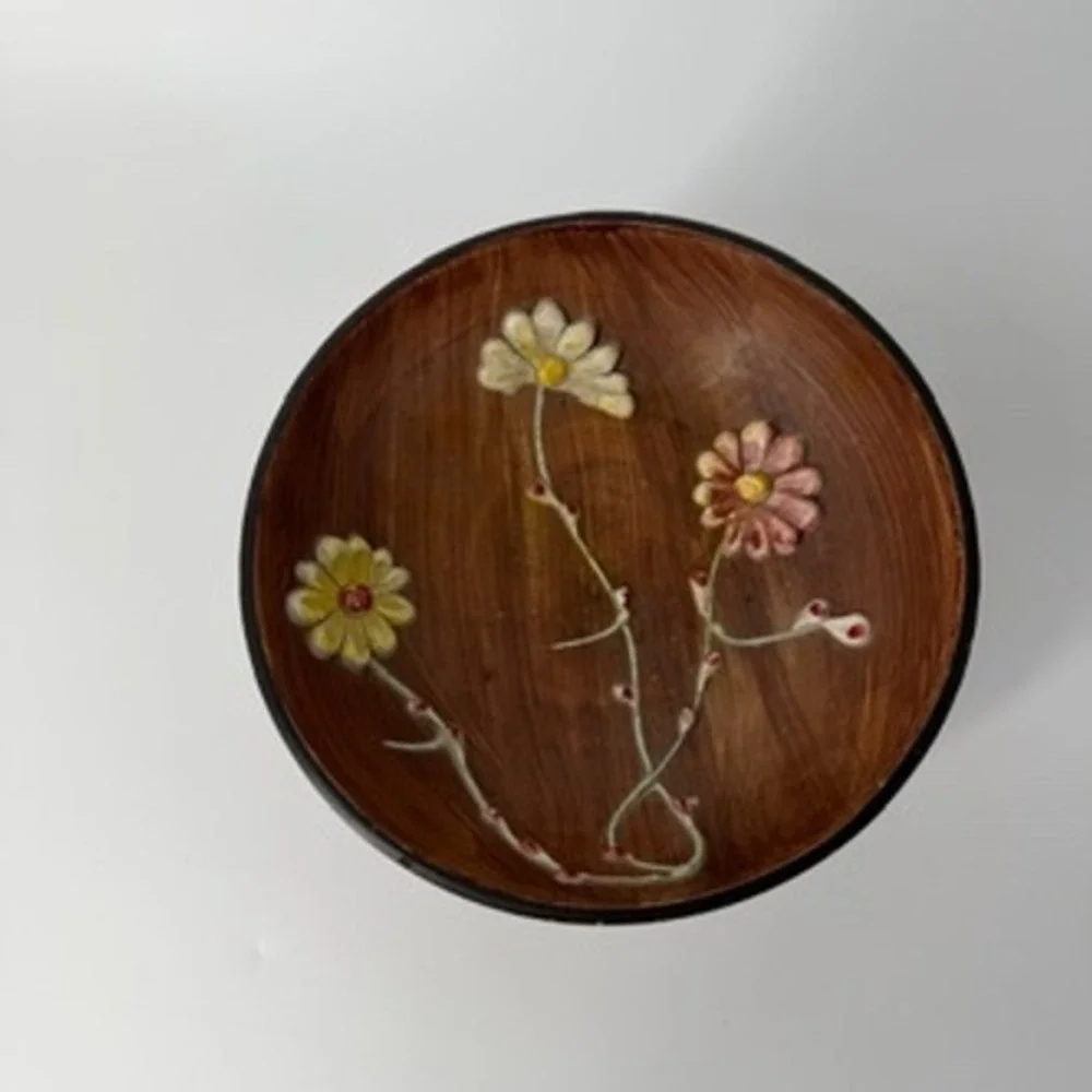 Vintage Hand Painted Italian Ceramic Footed Bowl‎ Daisy Flowers Brown